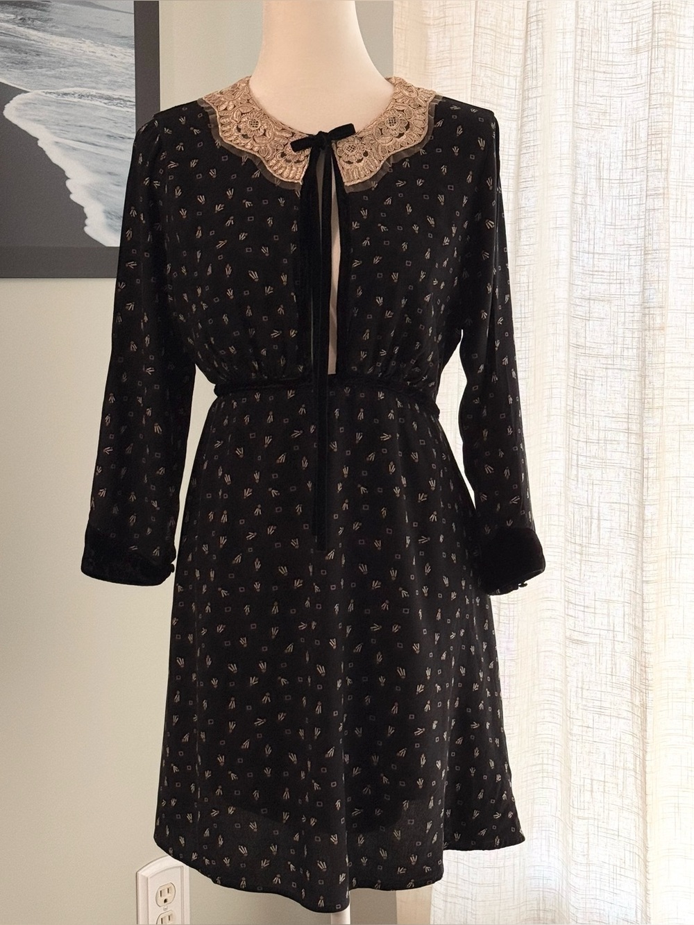Free People Sweet Delfina Black Mini Dress, Lace Collar & Velvet Trim - Sz M